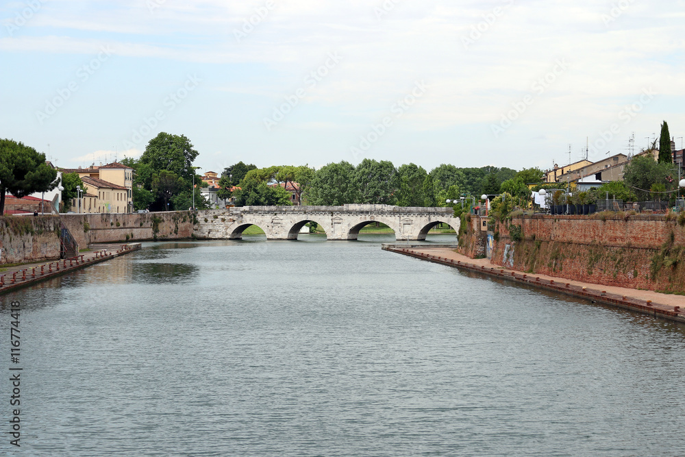 old stone Tiberius bridge Rimini Italy