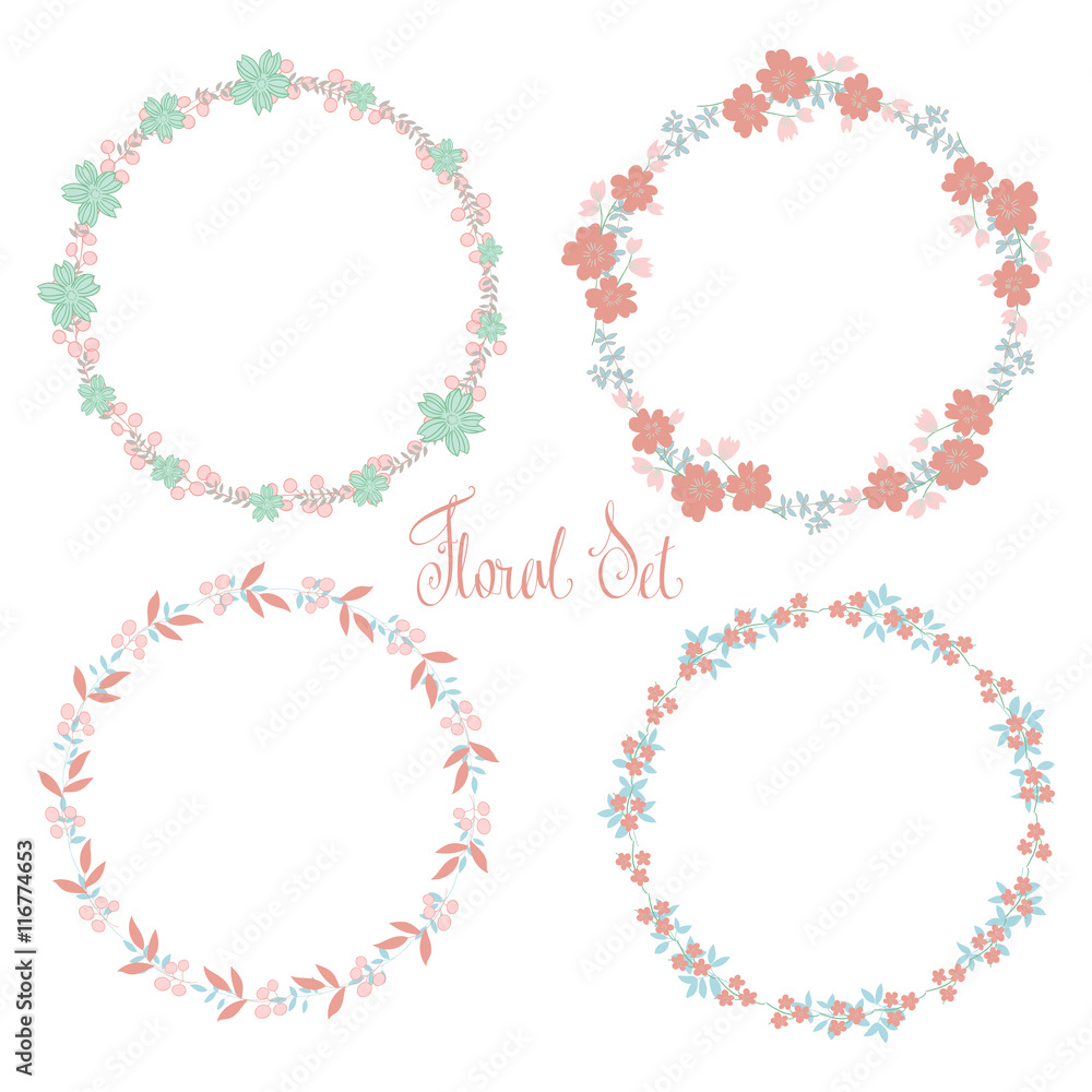 Vector floral frames set. Cute collection of wreaths made of han