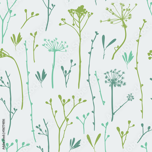 Vector seamless pattern with silhouettes of flowers and grass,  hipster vector background.