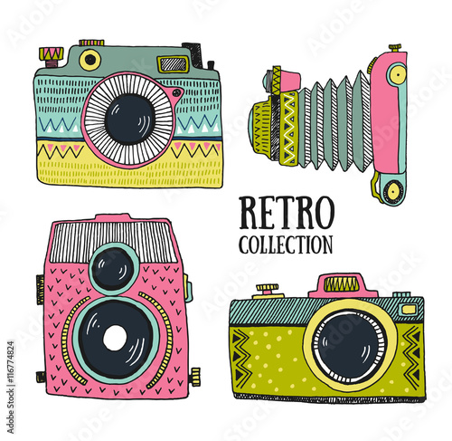 Retro photo cameras set. Vector illustration. Vintage cameras with ornaments. Hipster vector set.