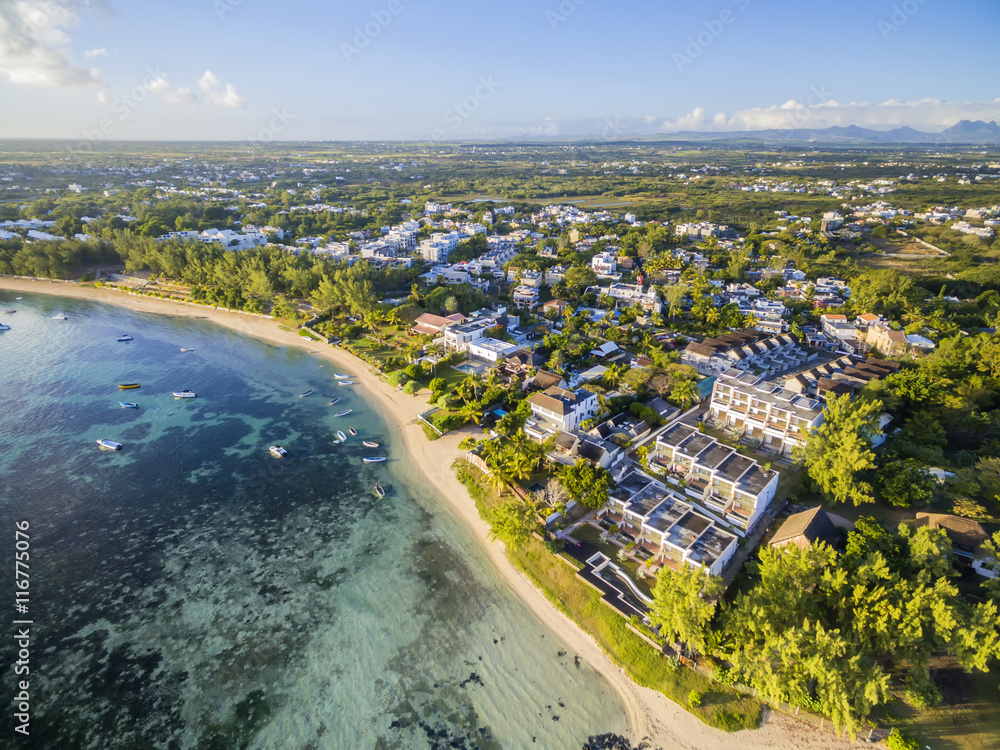 Mauritius beach aerial view of Bain Boeuf Beach in Grand Baie, Pereybere North