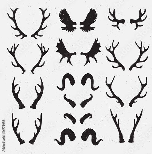 Vector Horns set silhouette on the grunge hipster background. Grunge effect isolated.