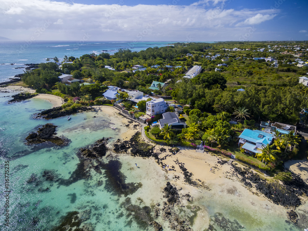Fototapeta premium Mauritius beach aerial view of Bain Boeuf Beach in Grand Baie, Pereybere North