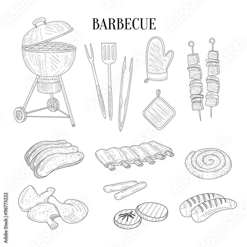 Barbecue Related Isolated Items And Food Hand Drawn Realistic Sketch