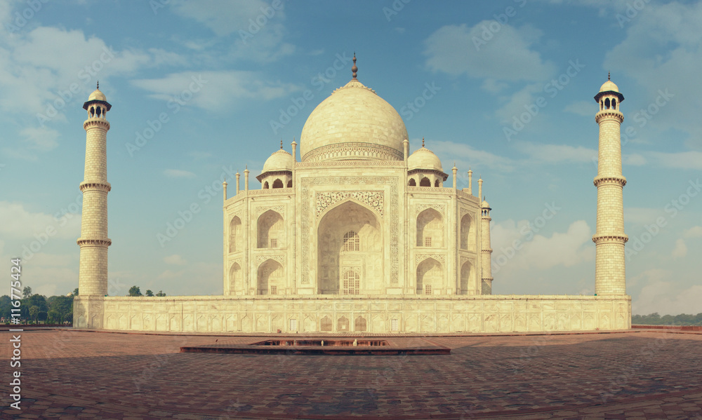 India, Taj Mahal. Indian palace Tajmahal world landmark. The image of the TajMahal with a beautiful sky and clouds. Taj Mahal panorama with high resolution. Mosque for all lovers. Taj Mahal