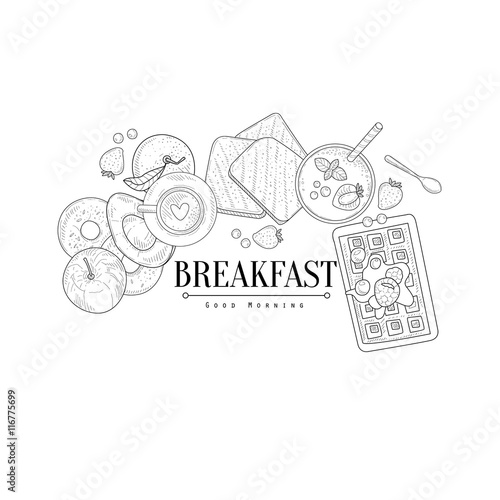 Breakfast With Waffle And Avocado Hand Drawn Realistic Sketch