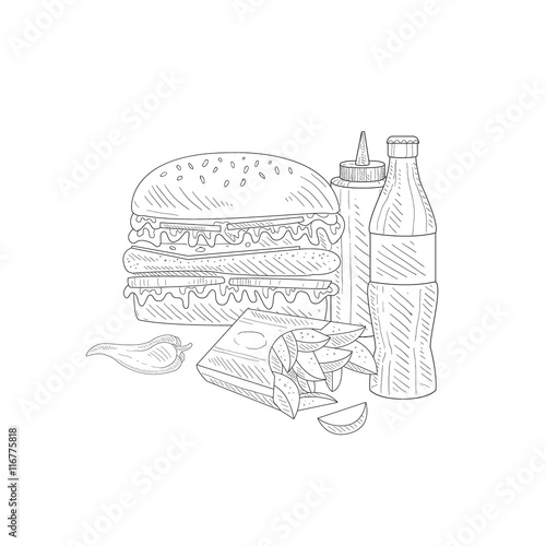 Burger, Soda And Fries Fast Food Meal Hand Drawn Realistic Sketch