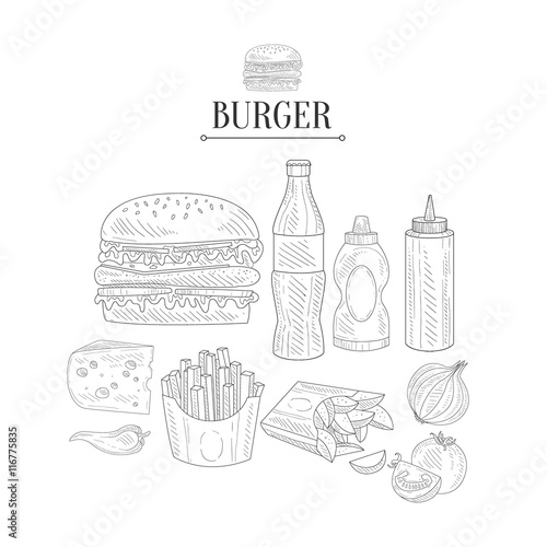 Fast Food Lunch Set Hand Drawn Realistic Sketch