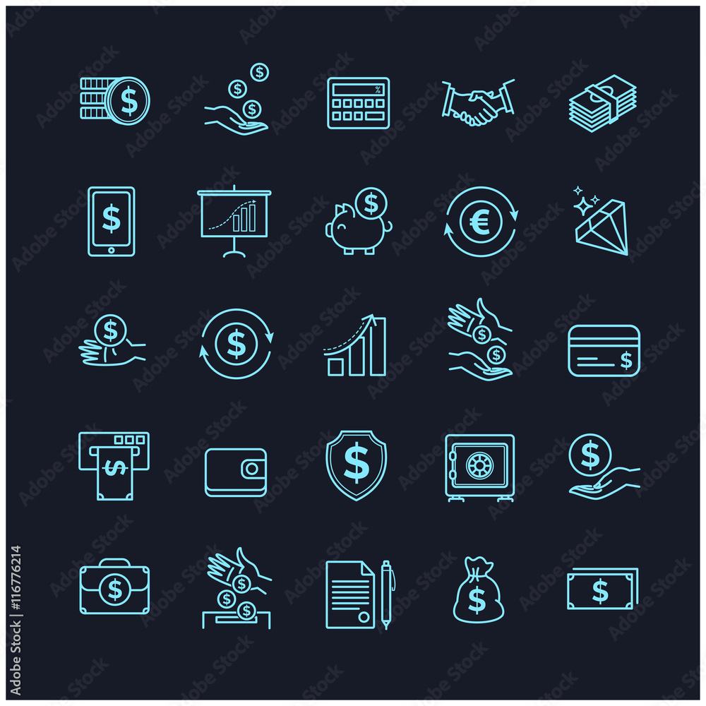 Money icons set. UI money elements on a black background Money icons set. UI money elements on a black background