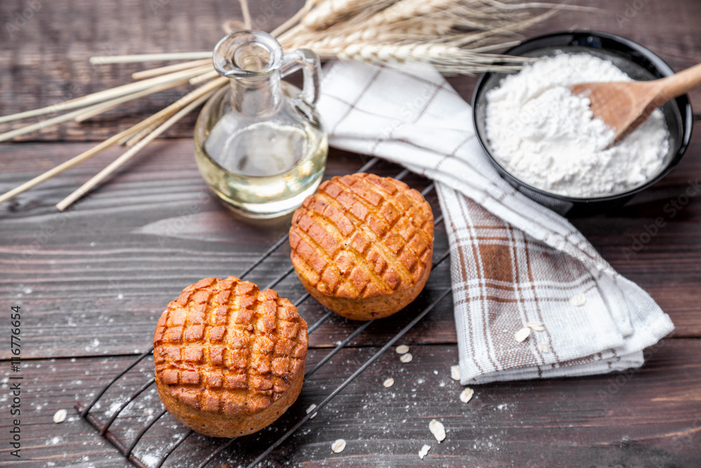 Delicious pastry on dark wooden background Delicious pastry on dark wooden background