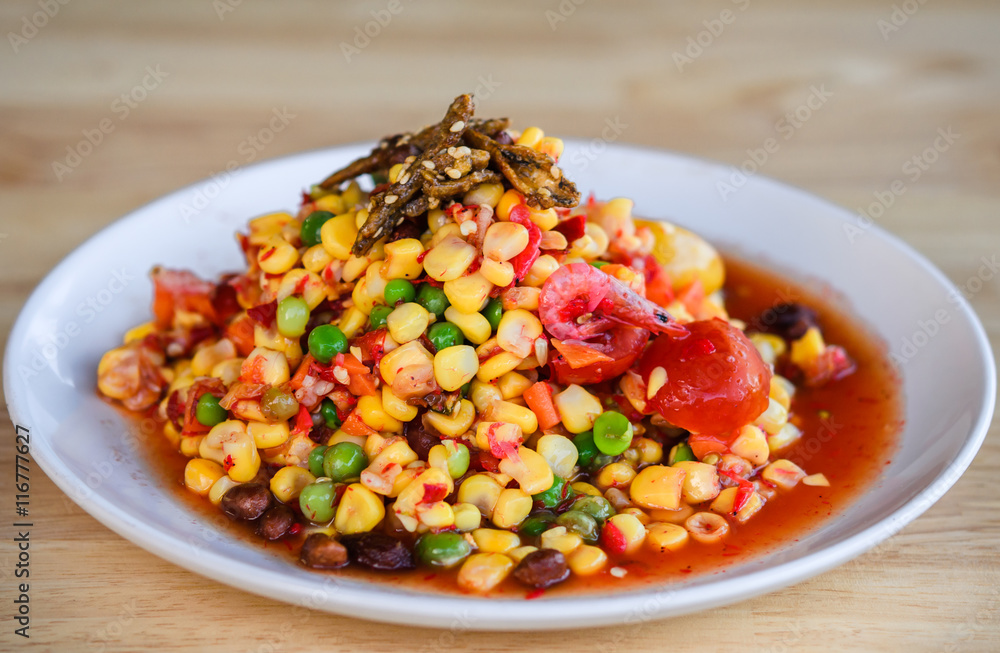 Som Tum or corn Salad, Corn Pok Pok, Thai Traditional Cuisine, Popular Thai Food. Rustic still life style. Som Tum or corn Salad, Corn Pok Pok, Thai Traditional Cuisine, Popular Thai Food. Rustic still life style.