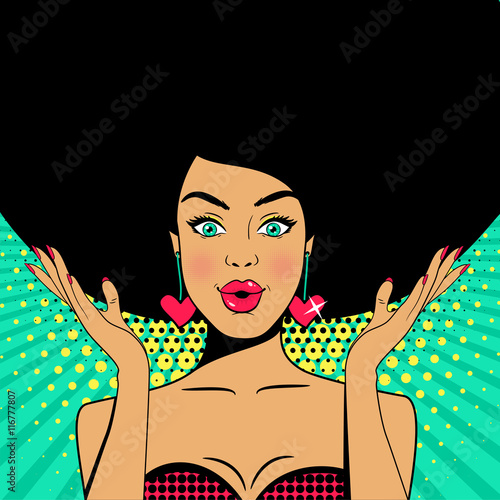 Wow pop art face. Sexy surprised sun-tanned woman with open mouth and raised black hair spreading her hands. Vector colorful background in pop art retro comic style.