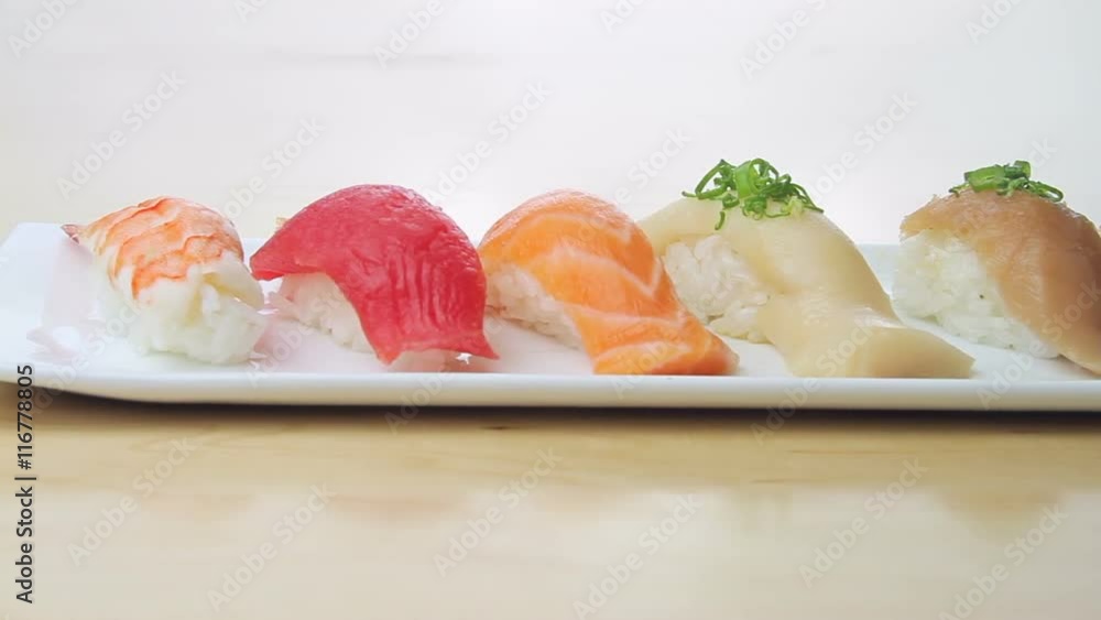 Camera dollies past a delicious looking plate of sushi. Camera dollies past a delicious looking plate of sushi.