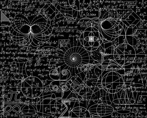 Mathematical vector seamless pattern with math calculations, formulas, plots, figures and equations shuffled together. You can use any color of background
