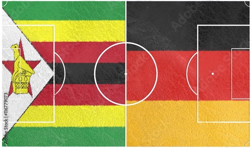 Flags of countries participating to the football tournament. Football field textured by Zimbabwe and Germany national flags.3D rendering