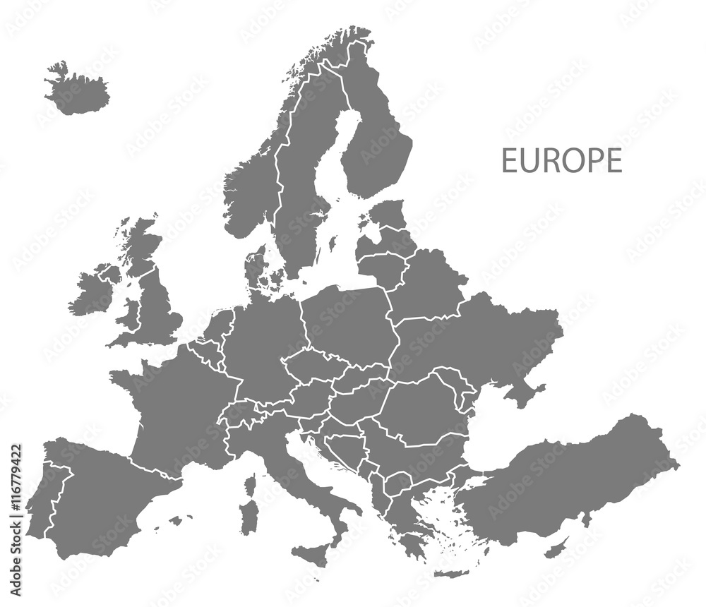 Naklejka premium Europa z krajami Mapa szara