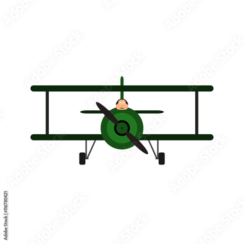 Vintage toy biplane with pilot. Military vehicle with green color, front view. Vector illustration. Isolated on white background.