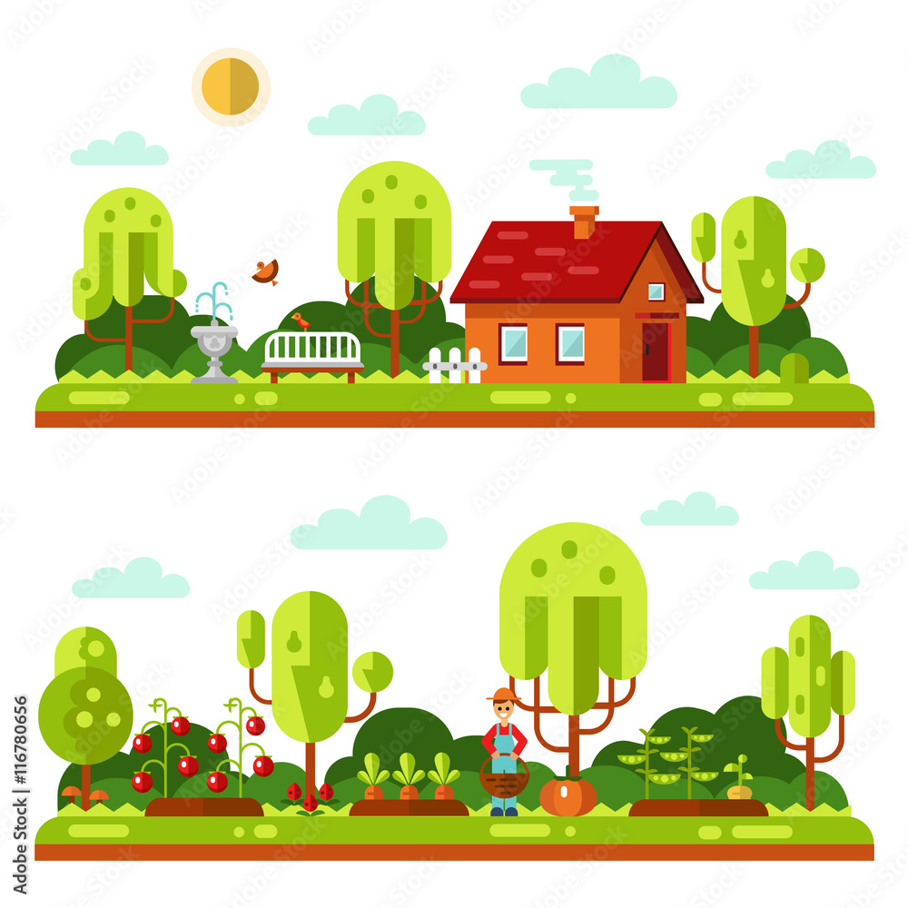 Flat design vector landscape illustrations with farm house, bench, fountain, birds. Garden with beds of carrots, peas, tomatoes, pumpkin, gardener. Farming, agricultural, organic products concept.