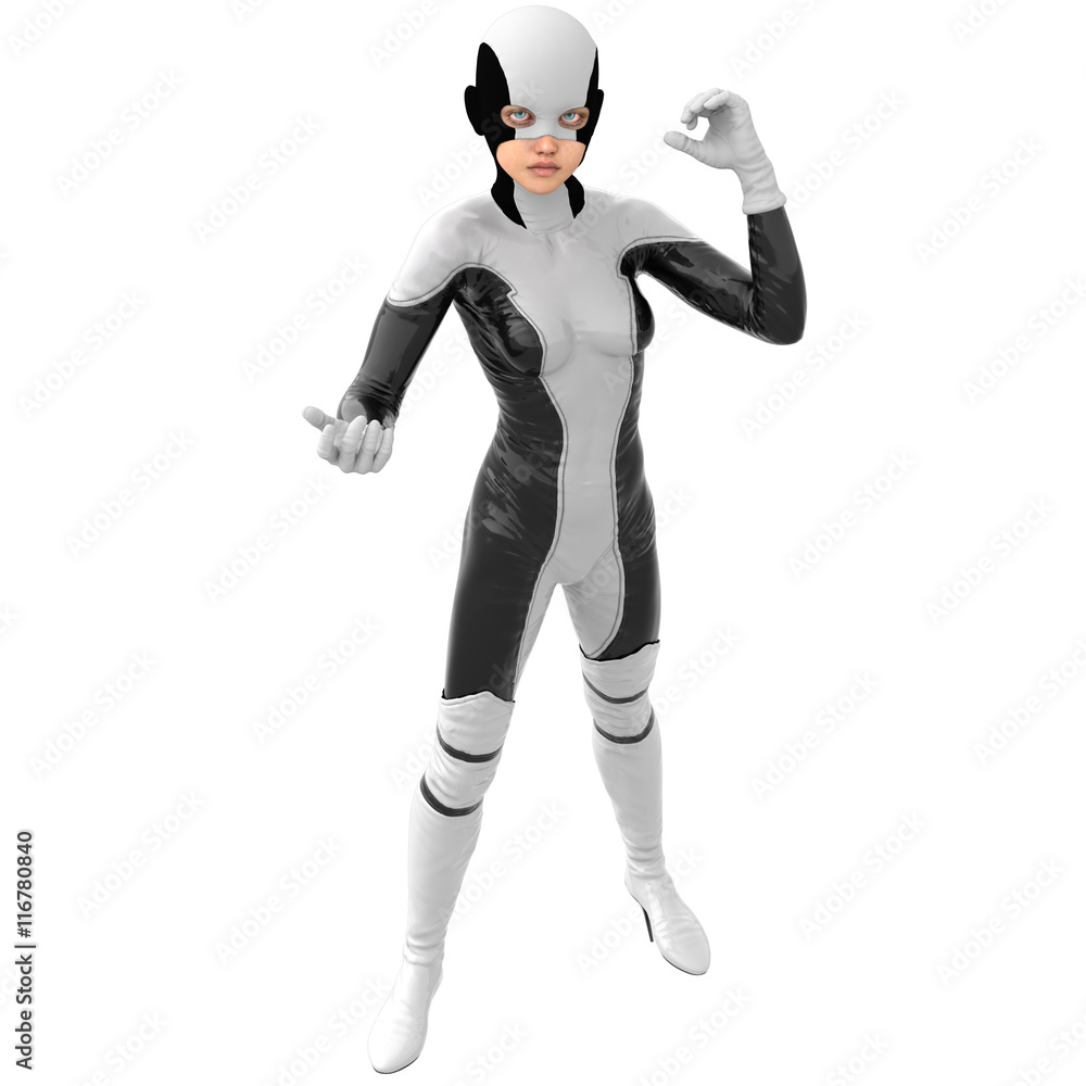 one teenage girl in a white dark super suit. A girl stands in a level position. The right hand close to the face. The left hand half bent. The view from the top one teenage girl in a white dark super suit. A girl stands in a level position. The right hand close to the face. The left hand half bent. The view from the top