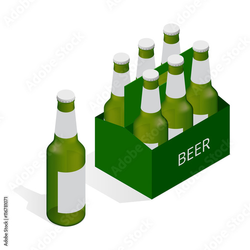 Fotografie Vector color isometric icon with case of beer with six beer bottles
