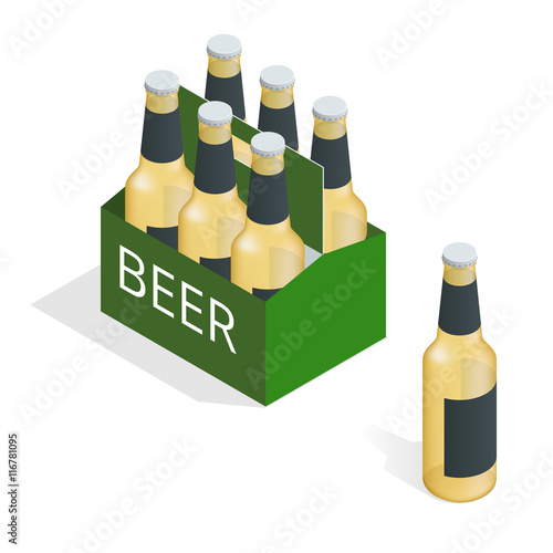 Vector color isometric icon with case of beer with six beer bottles. Flat 3d vector isometric illustration.
