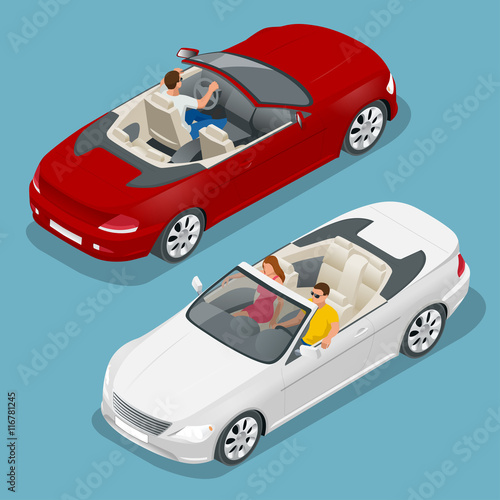 Cabriolet car isometric vector illustration. Flat 3d convertible image. Transport for summer travel. Sports car vehicle.