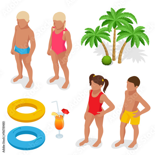 Girl and boy in a bathing suit, palm tree, life preserver, Orange juice. Summertime concept. Flat 3d vector isometric set icons