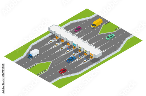 Highway toll. Turnpike tollson. Road payment checkpoint with toll barriers on the highway, cars and trucks. Flat 3d vector isometric illustration