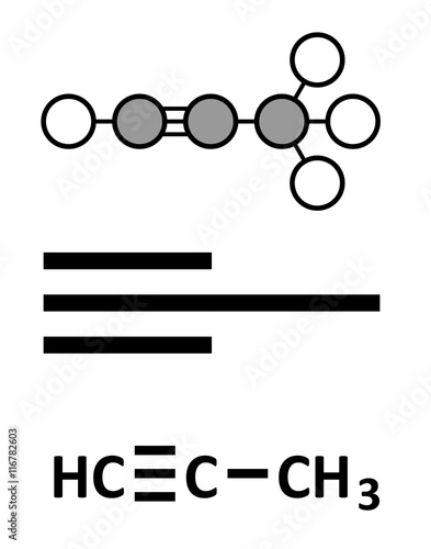 Methylacetylene (propyne) molecule. Used in welding gas and rocket fuel.