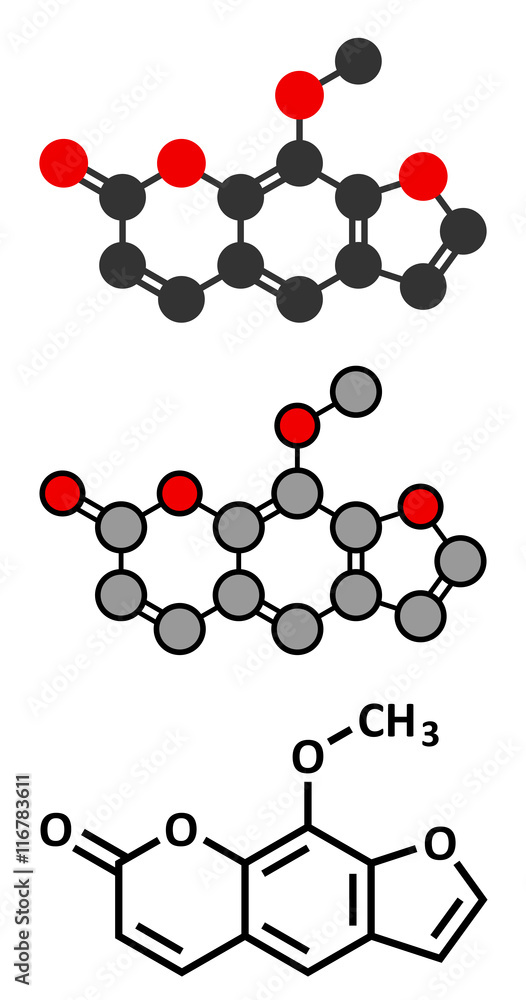 methoxsalen (psoralen) skin disease drug molecule. Used in PUVA therapy.