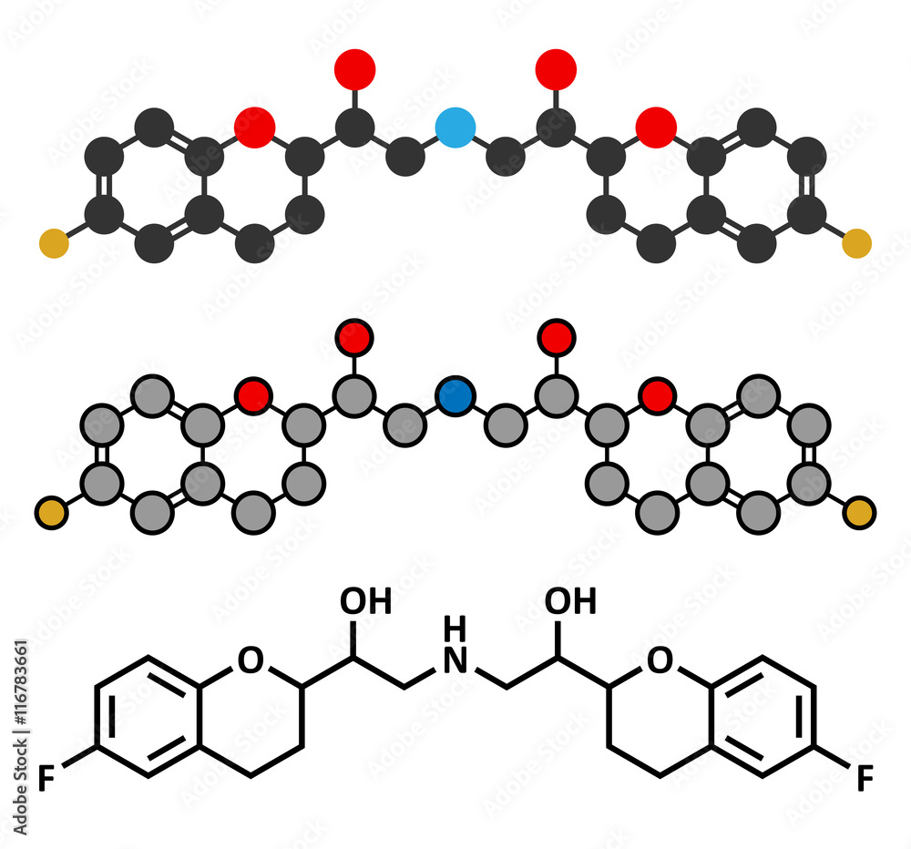 Nebivolol beta blocker drug molecule. Used to treat high blood pressure. Nebivolol beta blocker drug molecule. Used to treat high blood pressure.