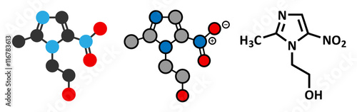 Metronidazole antibiotic drug (nitroimidazole class) molecule.