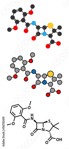 Meticillin antibiotic drug (beta-lactam class) molecule. 