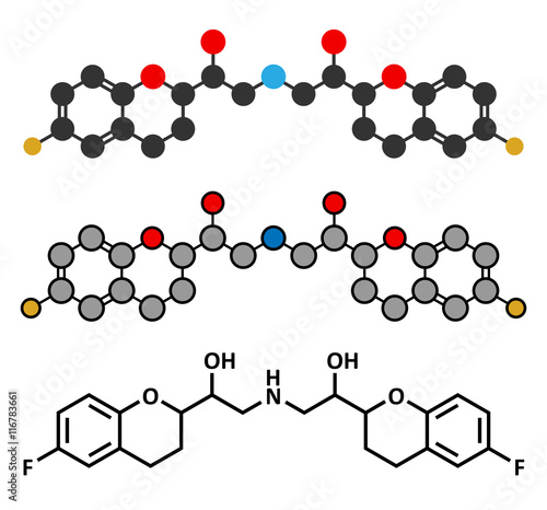 Nebivolol beta blocker drug molecule. Used to treat high blood pressure.