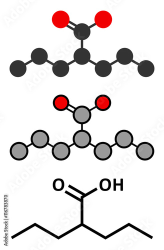 Valproic acid or valproate epilepsy (seizures) drug molecule.