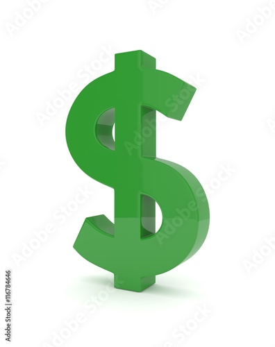 Isolated green dollar sign on white background. American currency. Money green economy symbol. 3D rendering.