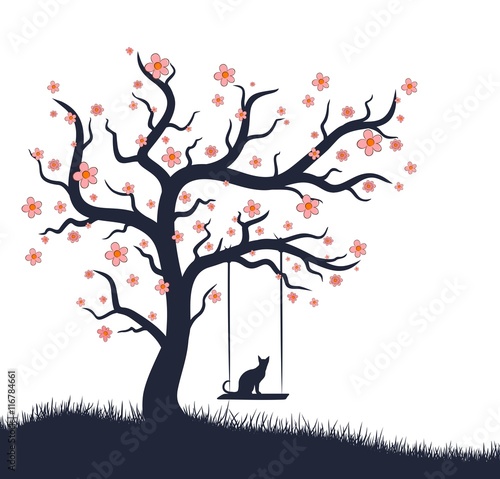 Blossoming tree with swing and cat.
