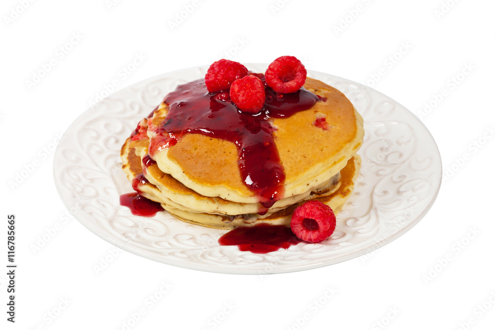 Pancakes with Raspberry Isolated on White. Selective focus.