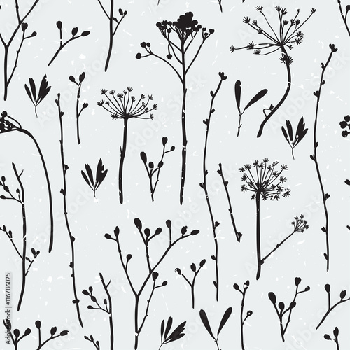 Vector seamless pattern with silhouettes of flowers and grass,  hipster vector background.