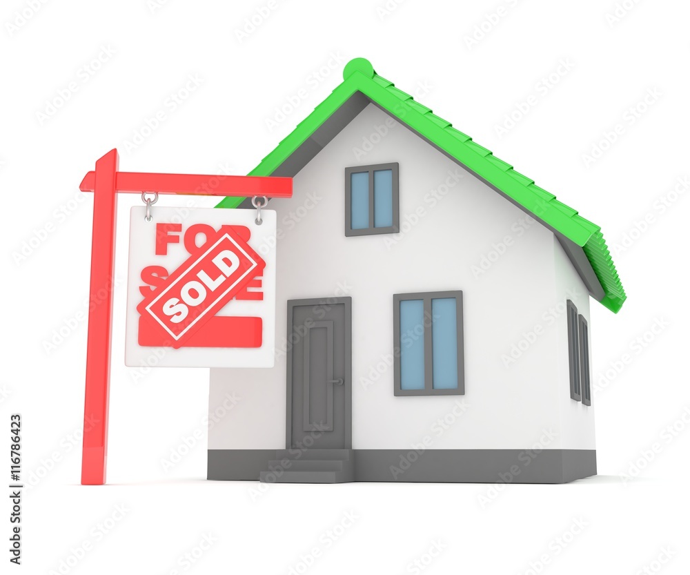 Isolated model of house with sign for sale sold. Concept of real estate, new apartment and moving to a new house. 3D rendering. Isolated model of house with sign for sale sold. Concept of real estate, new apartment and moving to a new house. 3D rendering.