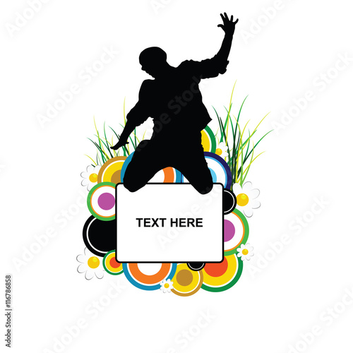 banner with man jump silhouette in flower illustration