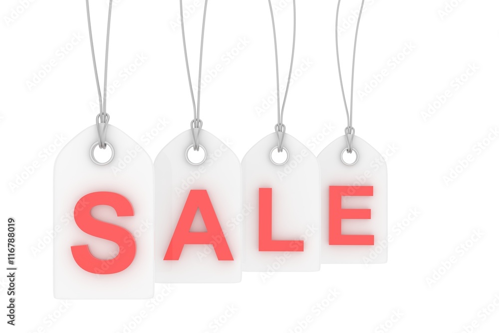 Colorful isolated sale labels on white background. Price tags. Special offer and promotion. Store discount. Shopping time. Red letters on white labels. 3D rendering.