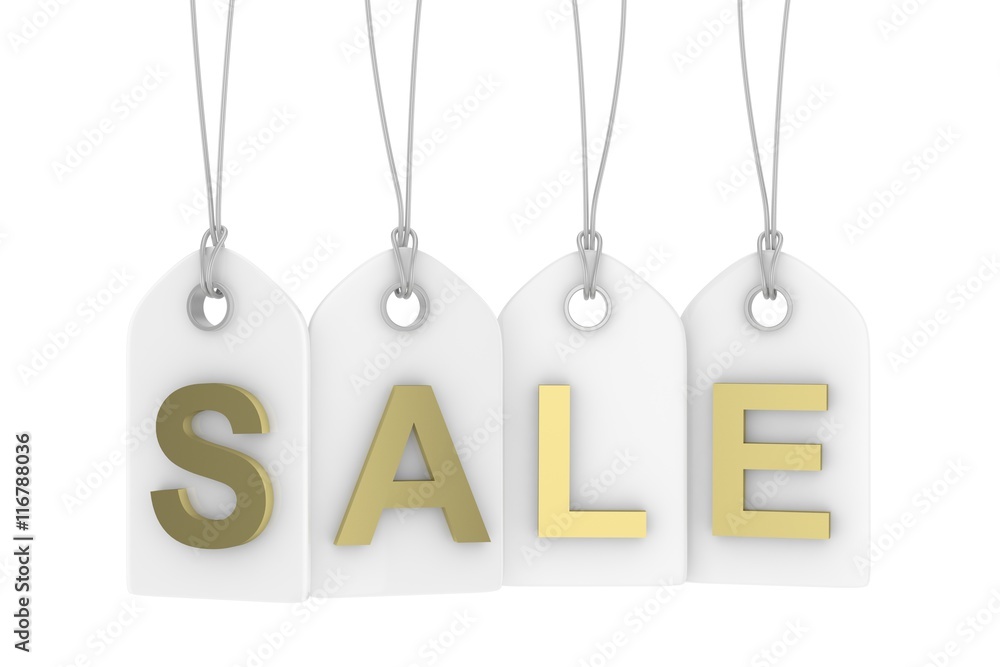 Colorful isolated sale labels on white background. Price tags. Special offer and promotion. Store discount. Shopping time. Golden letters on white labels. 3D rendering. Colorful isolated sale labels on white background. Price tags. Special offer and promotion. Store discount. Shopping time. Golden letters on white labels. 3D rendering.