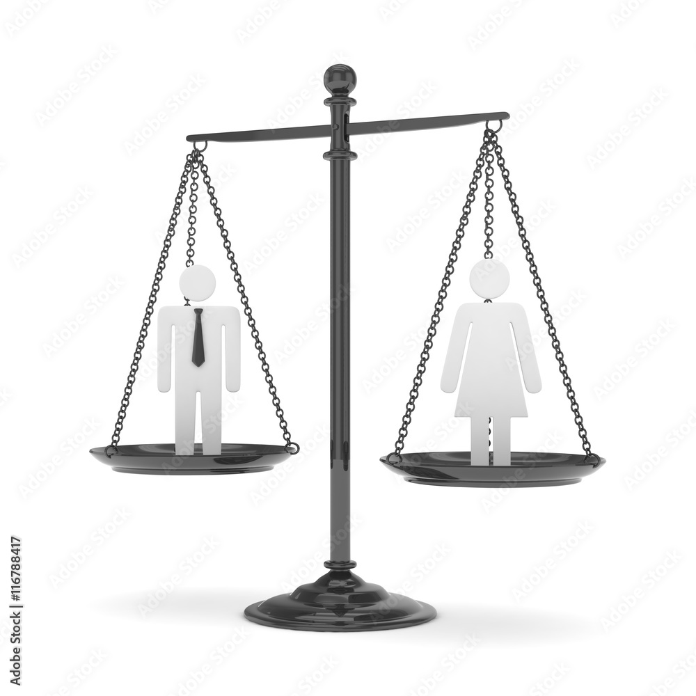 Isolated old fashioned pan scale with man and woman on white background. Gender inequality. Equality of sexes. Law issues. Silver model. 3D rendering. Isolated old fashioned pan scale with man and woman on white background. Gender inequality. Equality of sexes. Law issues. Silver model. 3D rendering.