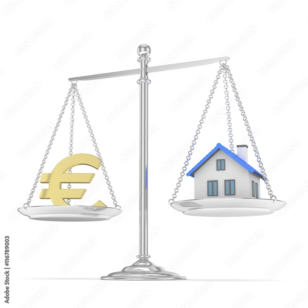 Isolated silver scales with golden euro and house on white background. Investment or savings concept. Real estate and currency. 3D rendering. Isolated silver scales with golden euro and house on white background. Investment or savings concept. Real estate and currency. 3D rendering.