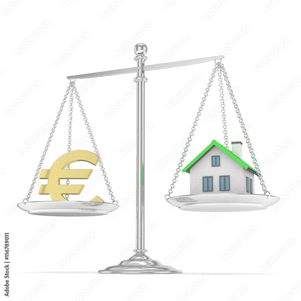 Isolated silver scales with golden euro and house on white background. Investment or savings concept. Real estate and currency. 3D rendering. Isolated silver scales with golden euro and house on white background. Investment or savings concept. Real estate and currency. 3D rendering.