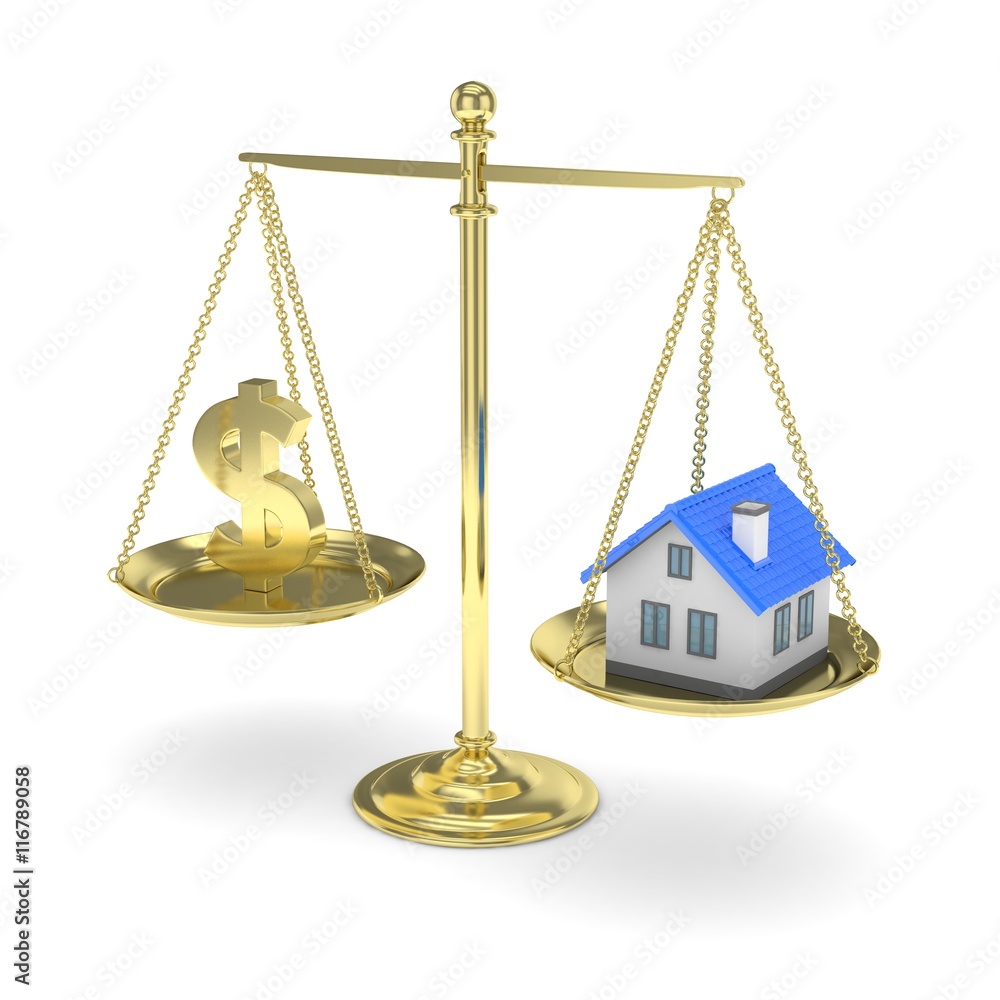 Isolated golden scales with golden dollar and house on white background. Investment or savings concept. Real estate and currency. 3D rendering. Isolated golden scales with golden dollar and house on white background. Investment or savings concept. Real estate and currency. 3D rendering.