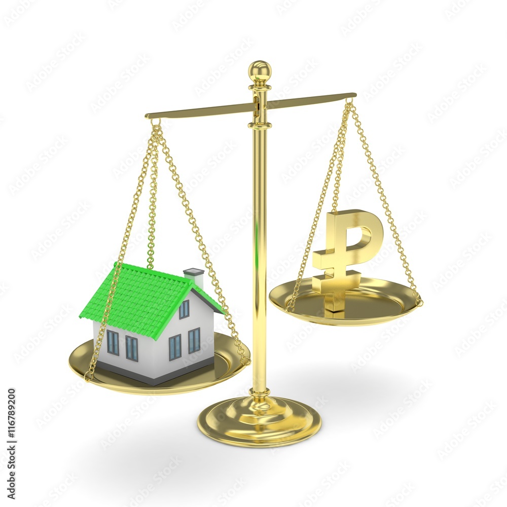 Isolated old fashioned pan scale with ruble and house on white background. Real estate vs russian currency. Affordable house. 3D rendering. Isolated old fashioned pan scale with ruble and house on white background. Real estate vs russian currency. Affordable house. 3D rendering.