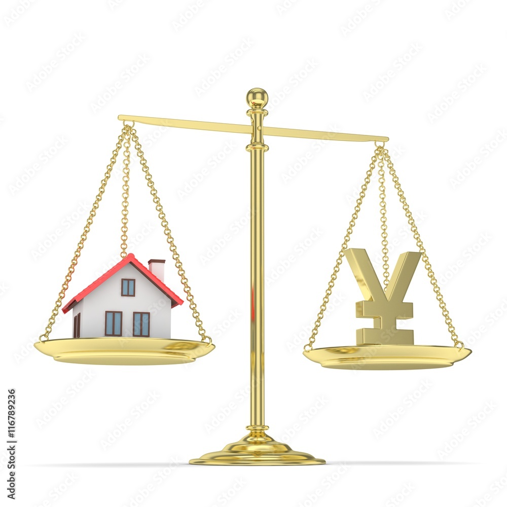 Isolated golden scales with golden yuan and house on white background. Investment or savings concept. Real estate and currency. 3D rendering. Isolated golden scales with golden yuan and house on white background. Investment or savings concept. Real estate and currency. 3D rendering.