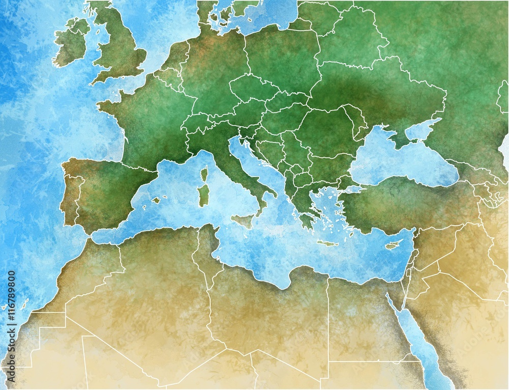 Naklejka Ręcznie rysowana mapa Morza Śródziemnego, Europy, Afryki i Bliskiego Wschodu